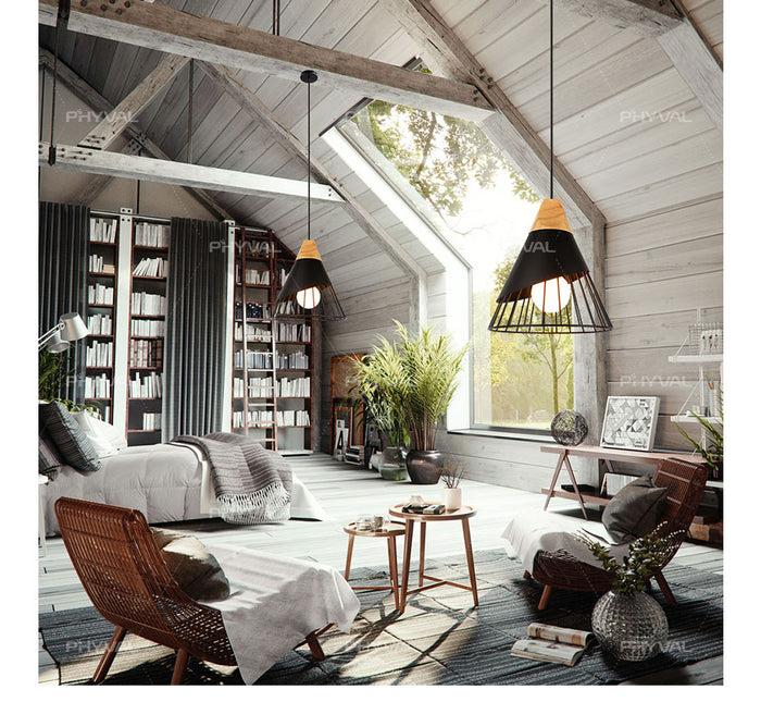 Decoramo Wooden Base Iron Cage Hanging Nordic Lamp