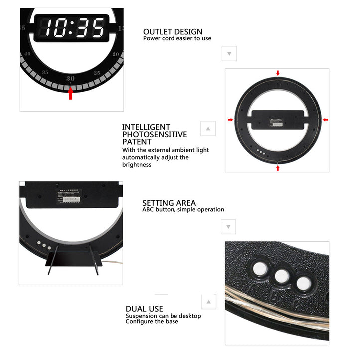 Decoramo Hanging Wall Clock Black Circle Automatically Adjust Brightness Digital Led Display