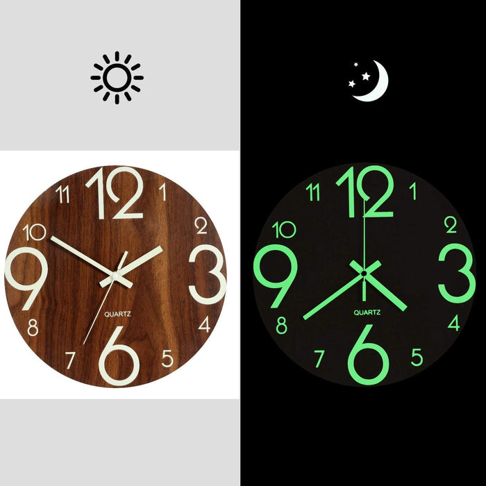 Decoramo Hot-Luminous Wall Clock 12 Inch Wooden Silent Non-Ticking Wall Clock With Night Lights