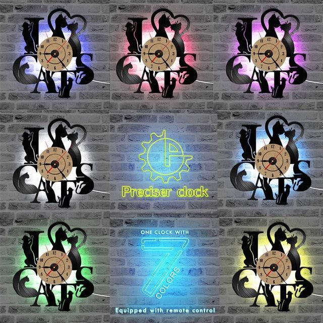 Decoramo I Love Cats Record Wall Clock Vintage Vinyl Clock Kitten Art Silent 7 Cats