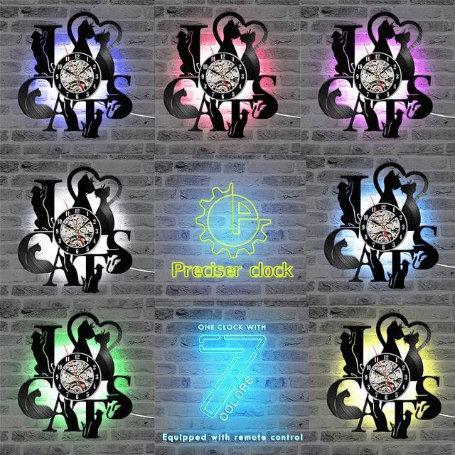 Decoramo I Love Cats Record Wall Clock Vintage Vinyl Clock Kitten Art Silent 7 Cats