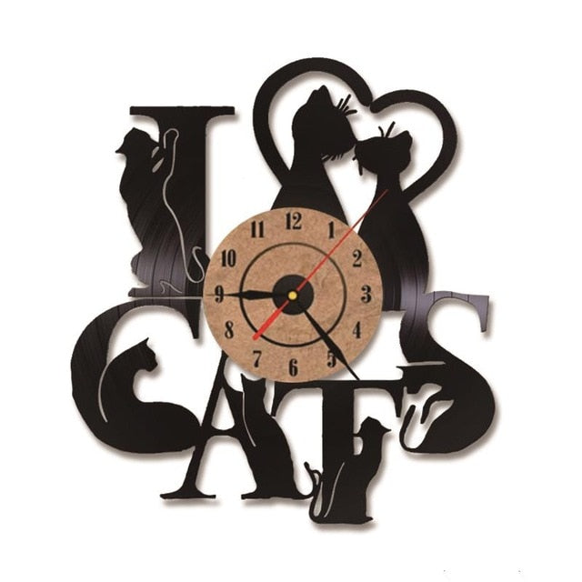 decoramo I Love Cats Record Wall Clock Vintage Vinyl Clock Kitten Art Silent 7 Cats