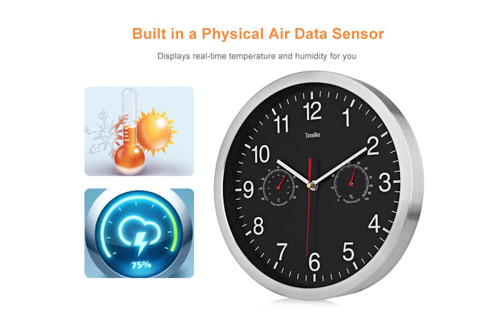 Decoramo Metal Silent Quartz Wall Clock Quiet Sweep Movement Thermometer Hygrometer