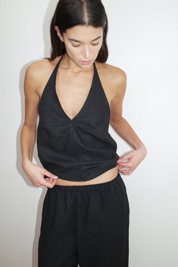 Deiji Studios Linen Pinched Halter Top Black Linen Pinched Halter Top - Black
