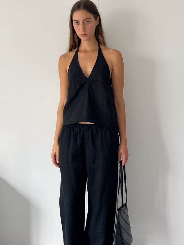Deiji Studios Linen Pinched Halter Top Black Linen Pinched Halter Top - Black