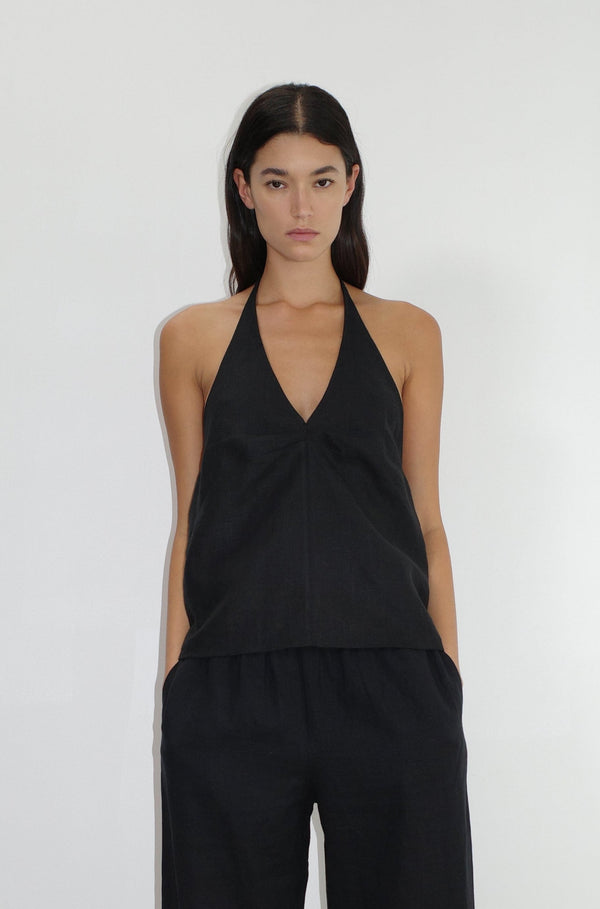 deiji studios Linen Pinched Halter Top Black Linen Pinched Halter Top - Black