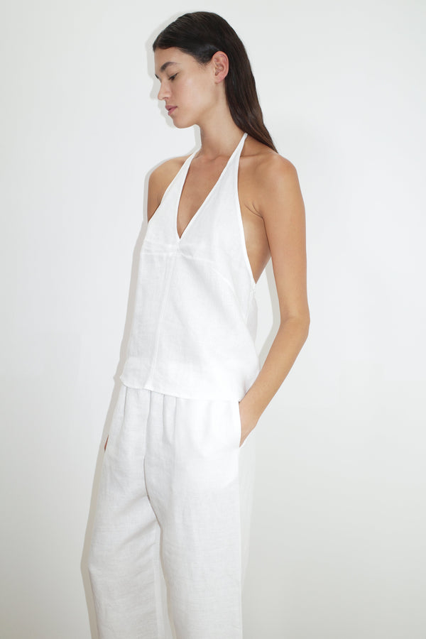 Deiji Studios Linen Pinched Halter Top White Linen Pinched Halter Top - White