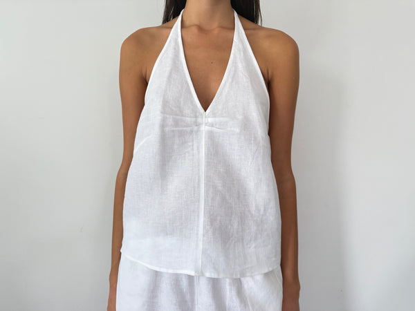 Deiji Studios Linen Pinched Halter Top White Linen Pinched Halter Top - White