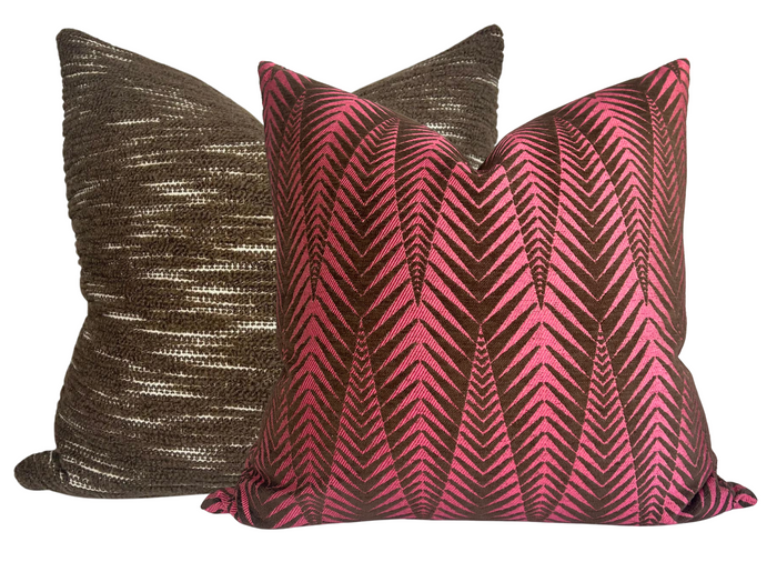 Dekowe Chevron Velvet Pillow Cover In Fuchsia + Brown