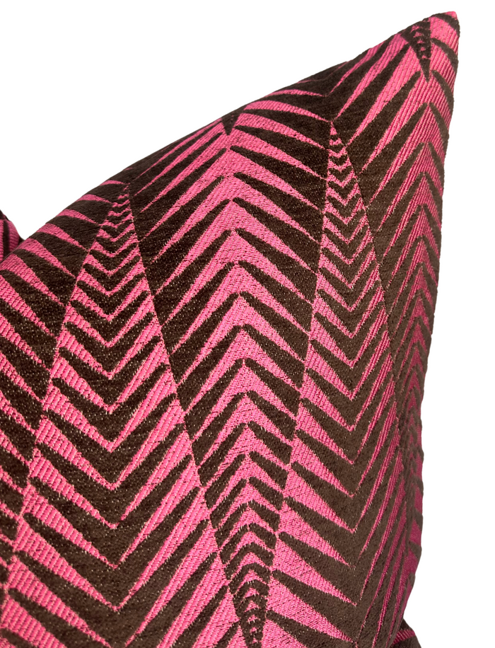 Dekowe Chevron Velvet Pillow Cover In Fuchsia + Brown
