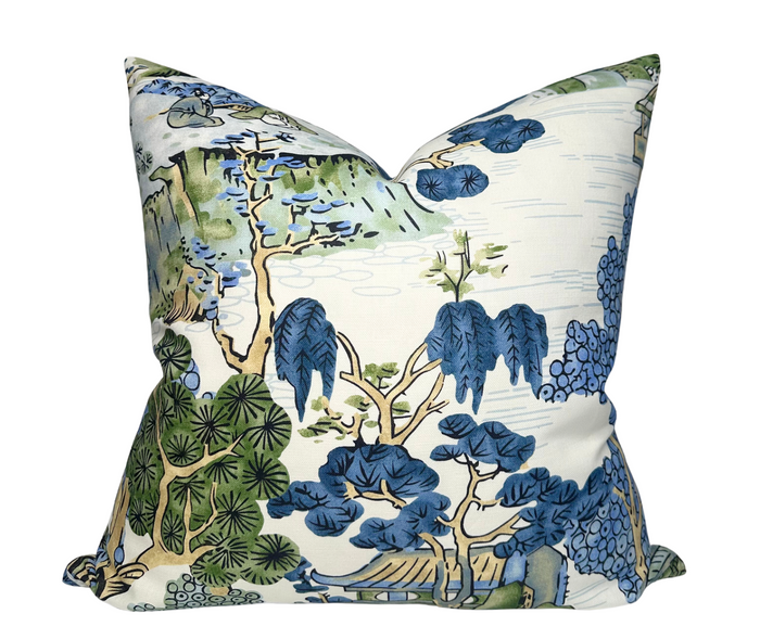 Dekowe Asian Scenic Pillow Cover In Blue And Green