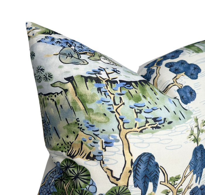 Dekowe Asian Scenic Pillow Cover In Blue And Green