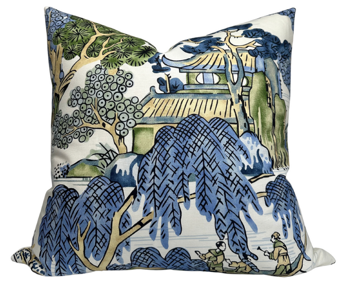 dekowe Asian Scenic Pillow Cover in Blue and Green