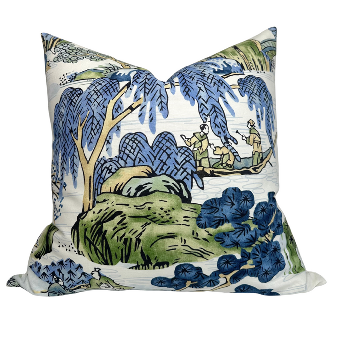 Dekowe Asian Scenic Pillow Cover In Blue And Green