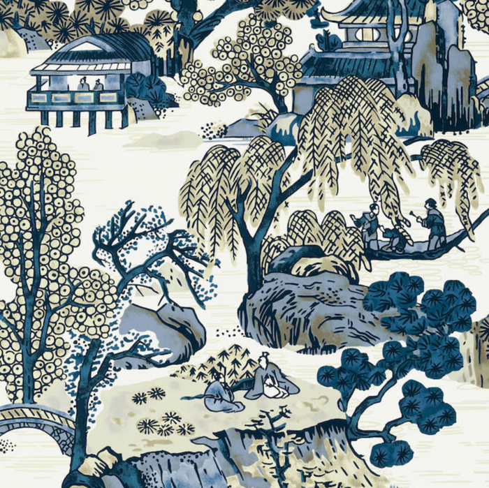 Dekowe Asian Scenic Pillow Cover In Navy