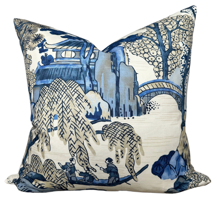 dekowe Asian Scenic Pillow Cover in Navy