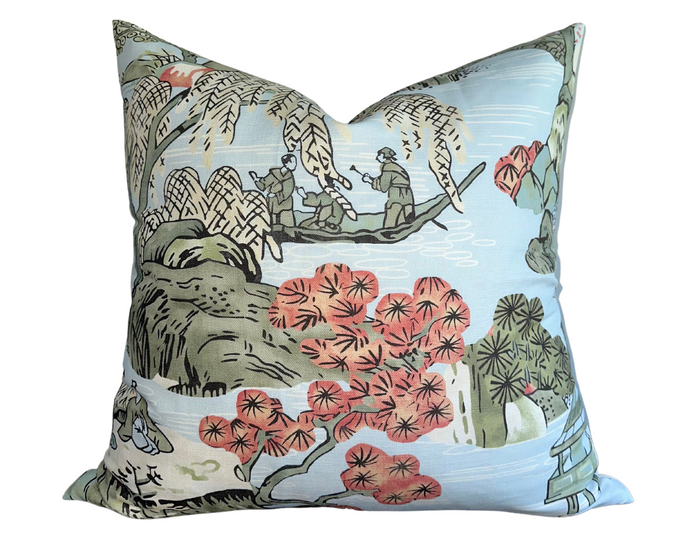 Dekowe Asian Scenic Pillow Cover In Robins Egg