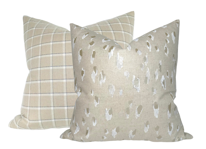 Dekowe Campaign Plaid Pillow Cover In Beige Linen