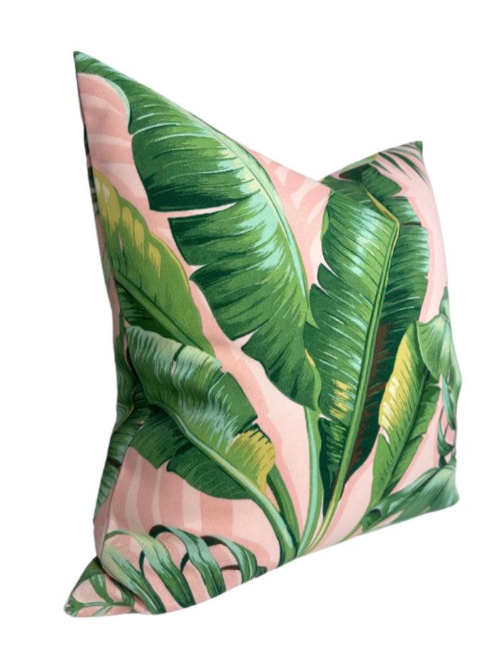 Dekowe Palm Leaf Pillow Cover In Pink + Green