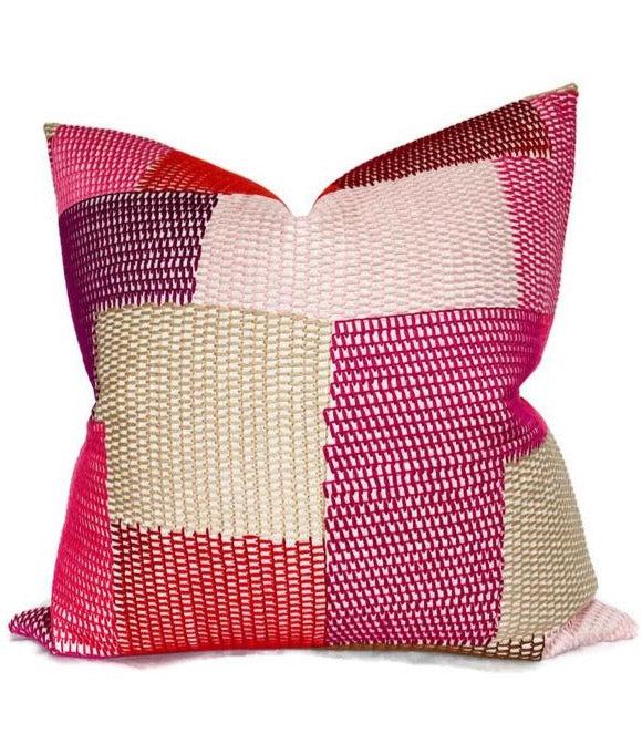dekowe Schumacher Carnaby Embroidered Pillow Cover in Pink and Red