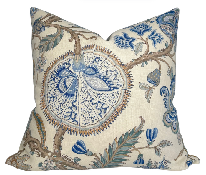dekowe Schumacher Chalfont Pillow Cover in Porcelain Blue and Brown