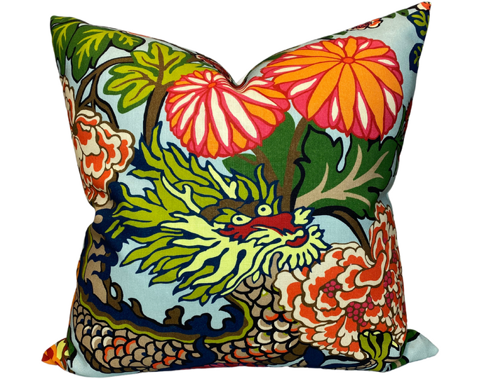 dekowe Schumacher Outdoor Chiang Mai Dragon Pillow Cover in Aquamarine