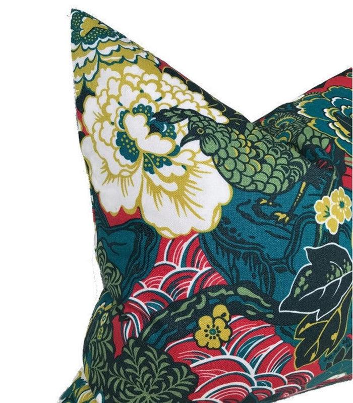 Dekowe Schumacher Shanghai Peacock Pillow Cover In Cerise