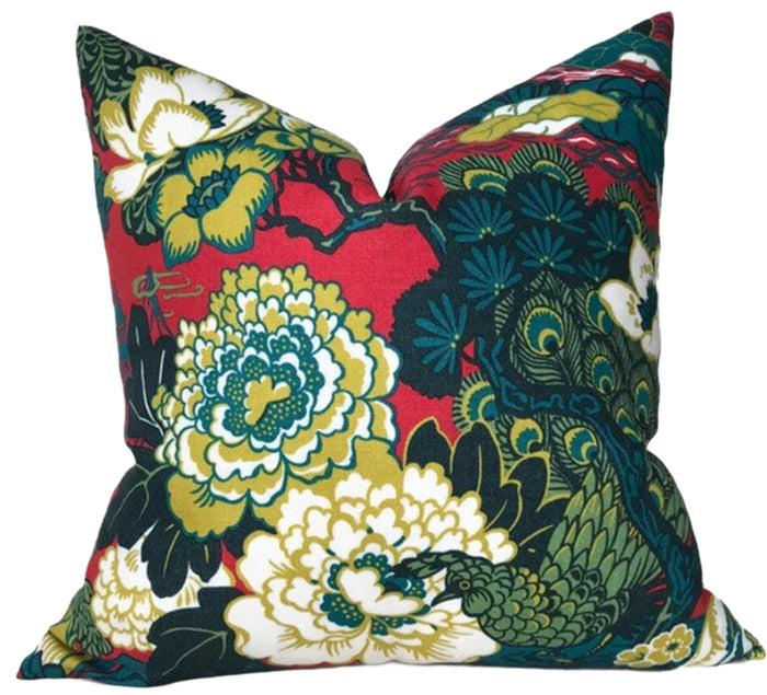 dekowe Schumacher Shanghai Peacock Pillow Cover in Cerise