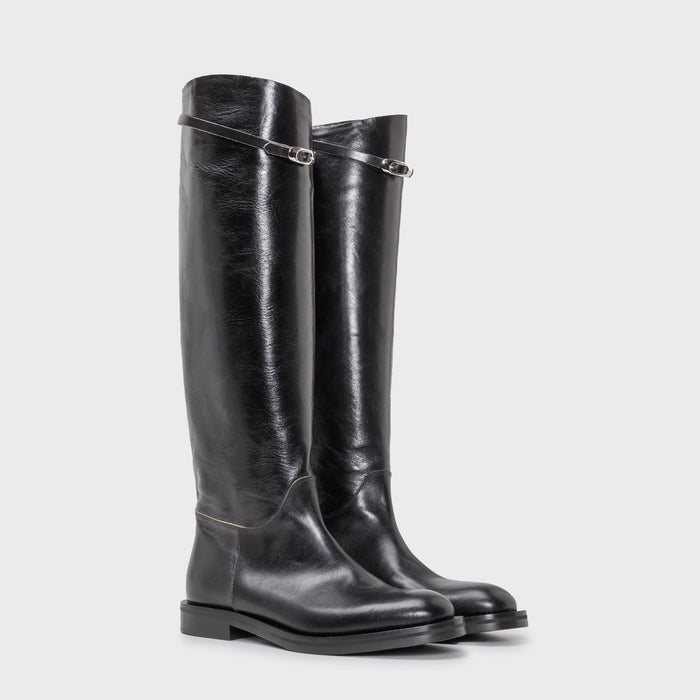 Del Carlo ARLES 11803 - Flat Boots In Black Leather With Strap - DEL CARLO