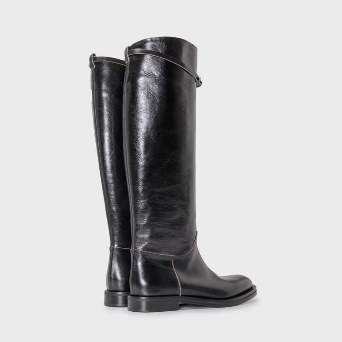 Del Carlo ARLES 11803 - Flat Boots In Black Leather With Strap - DEL CARLO