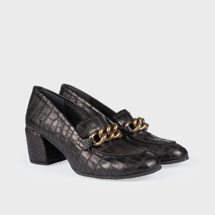 Del Carlo CURIE 11029 - Printed Black Leather Mid-heel Pumps - Del Carlo