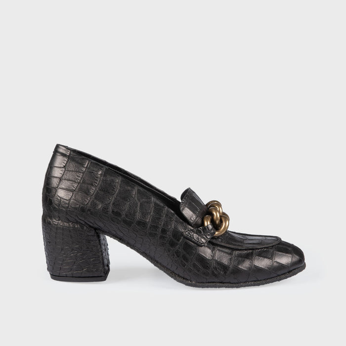 del carlo CURIE 11029 - Printed black leather mid-heel pumps - Del Carlo