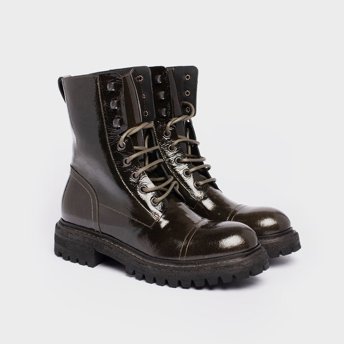 Del Carlo DENVER 11424 - Dark Green Patent Leather Biker Boots - Del Carlo