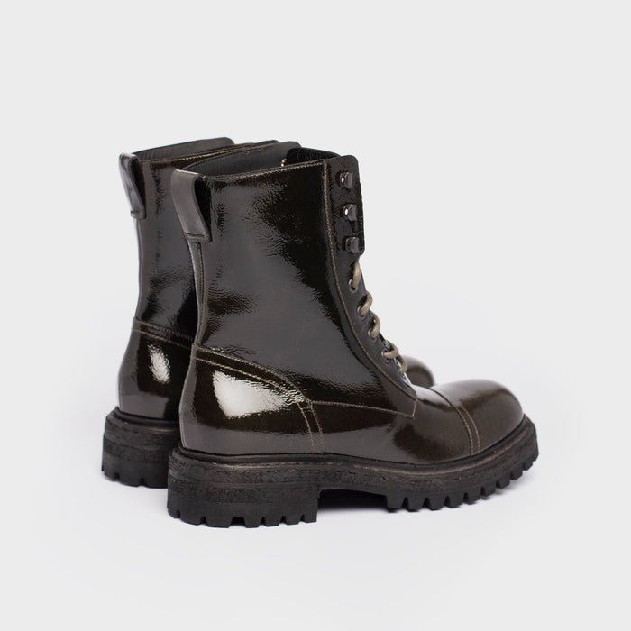Del Carlo DENVER 11424 - Dark Green Patent Leather Biker Boots - Del Carlo