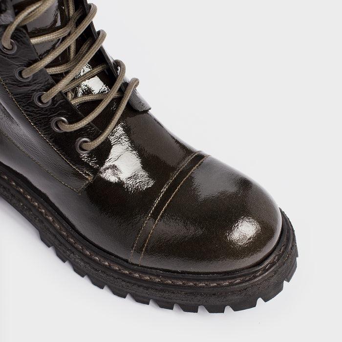 Del Carlo DENVER 11424 - Dark Green Patent Leather Biker Boots - Del Carlo