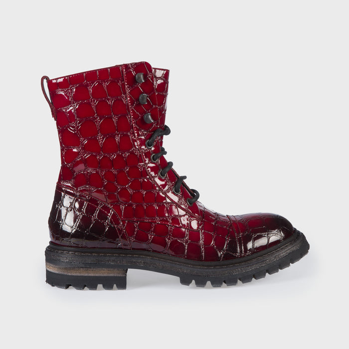 del carlo HEKLA 10604-Red patent leather biker boots-Del Carlo
