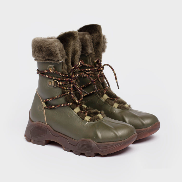 Del Carlo KIMB 11443 - Dark Green Leather And Fur Ankle Boots - Del Carlo