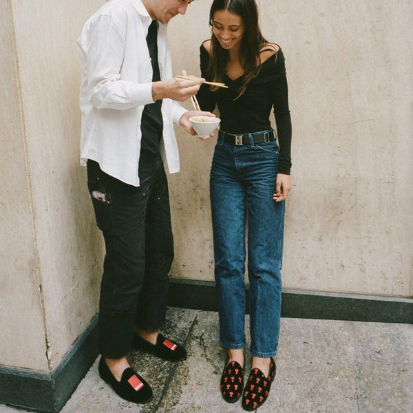 Del Toro Shoes Benihana X Del Toro Men's Red Flower Velvet Slipper II Black / Flower Embroidery