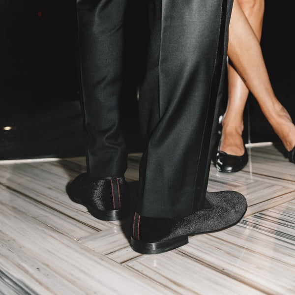 Del Toro Shoes Men's Black Velvet Slipper II With Black Grosgrain Stripe Black / Black Heel Stripe