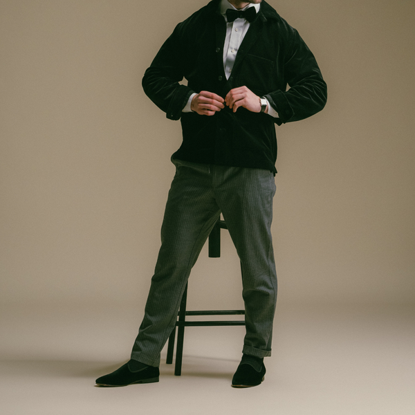 Del Toro Shoes Men's Black Velvet Slipper II With Black Grosgrain Stripe Black / Black Heel Stripe