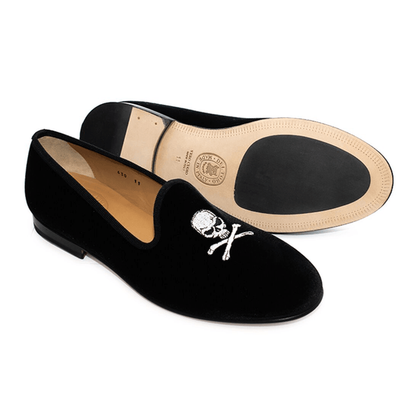 Del Toro Shoes Men's Black Velvet Slipper II With Skull & Bone Black / Skull Embroidery