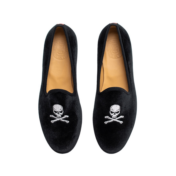 Del Toro Shoes Men's Black Velvet Slipper II With Skull & Bone Black / Skull Embroidery