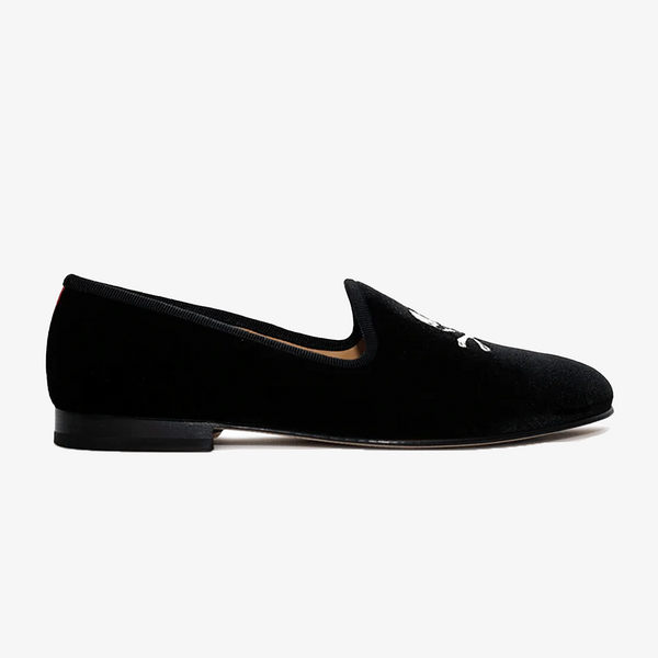 del toro shoes Men's Black Velvet Slipper II with Skull & Bone Black / Skull Embroidery