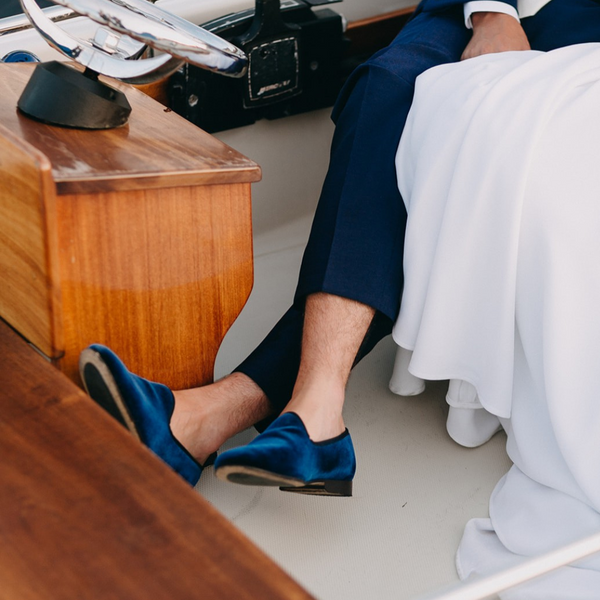 Del Toro Shoes Men's Blue Velvet Slipper II Blue / Navy Heel Stripe