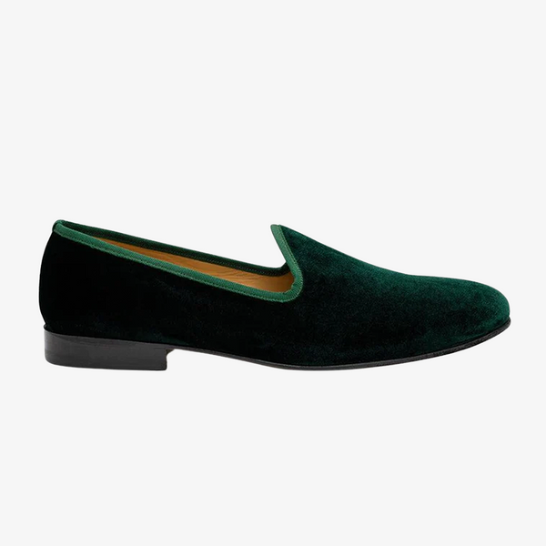 del toro shoes Men's Green Velvet Slipper II Green / Red Heel Stripe