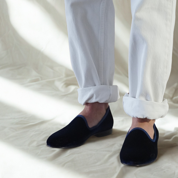 Del Toro Shoes Men's Navy Velvet Slipper II Navy / Red Heel Stripe