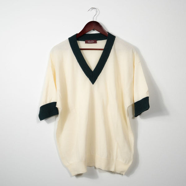 Del Toro Shoes Men's Vintage Short Sleeve V-Neck Sweater - Vintage White / Forest Green Vintage White / Forest Green