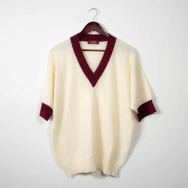 Del Toro Shoes Men's Vintage Short Sleeve V-Neck Sweater - Vintage White / Burgundy Vintage White / Burgundy