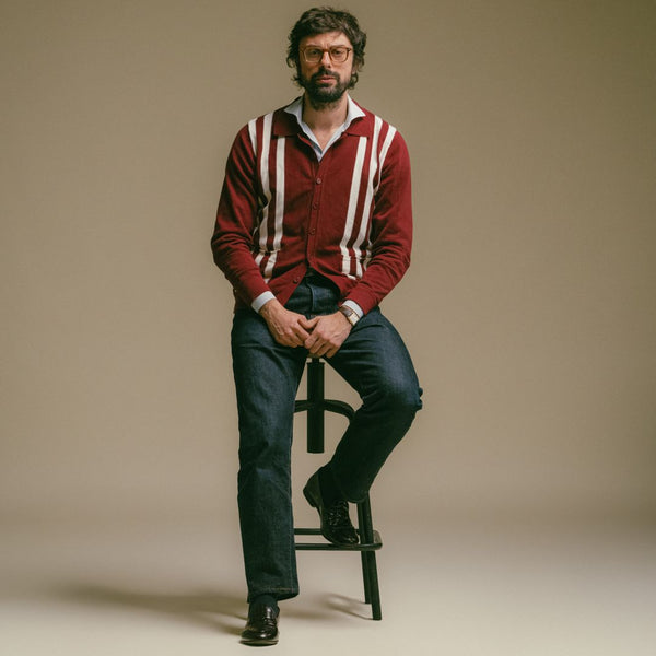 Del Toro Shoes Men's Vintage Stripe Polo Cardigan - Burgundy / Cream Stripe Burgundy / Cream Stripe