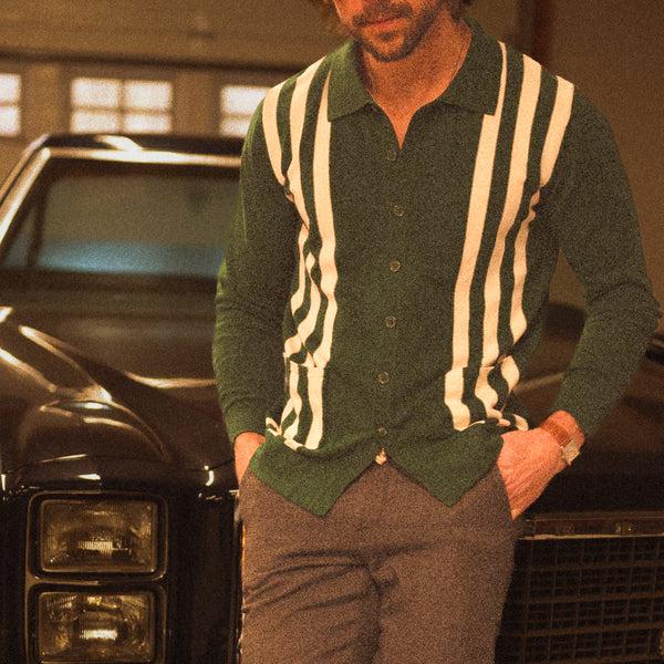 Del Toro Shoes Men's Vintage Stripe Polo Cardigan - Green/ Cream Stripe Green / Cream Stripe